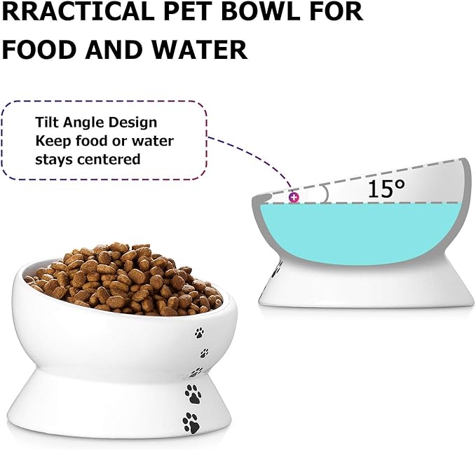 Y YHY Elevated Cat Food Bowl, Raised Pet Food and Water Bowl for Cat and Small Dog, Tilted Ceramic Water Bowl No Spill,15oz, Dishwasher Safe - PAWPICO