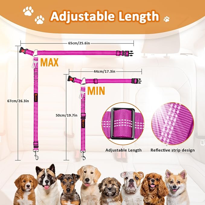 Removable Dog Seat Belt Harness for Car, 3 in 1 Pet Dog Car Seatbelt Leash, Retractable Restraint Secures to Vehicle Headrest & Adjustable Reflective Bungee Dog Seatbelt Tether, Rose laqibakProductcollection