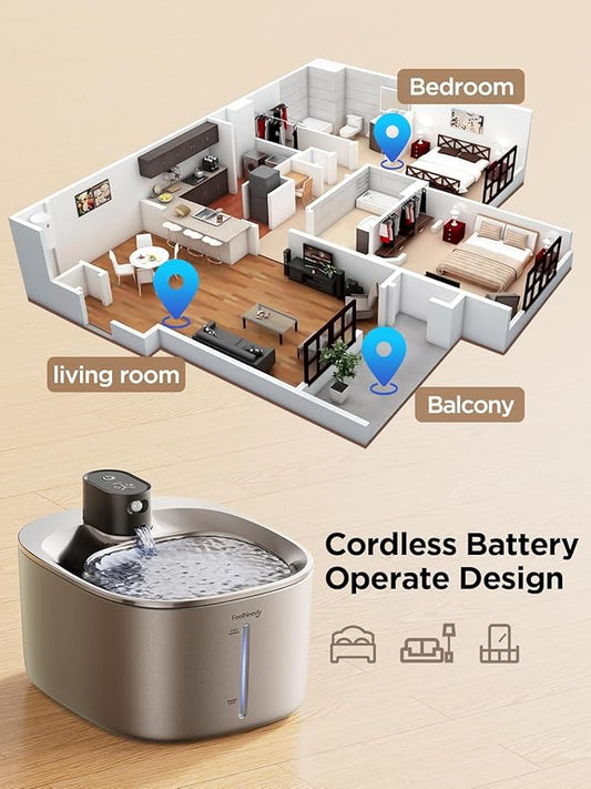 Wireless Cat Water Fountain Stainless Steel with Sensor, 4000mAh Battery Operated, 4L/135fl oz Pet Water Fountain for Cats Dogs, Ultra Quiet Cat Drinking Fountain with 2 Filters (YPD-C004S) - PAWPICO