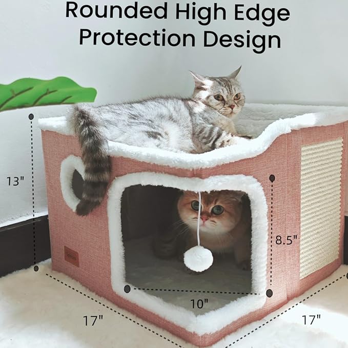 Large Cat Cave Bed for Indoor Cats, Cats Cube House with Scratch Pad Cat Condo Hideaway Tente Hut with Washable Sherpa Warm Soft Cat Mat, Cute Cat Beds Furniture, Modern Dog Bed,Pink - PAWPICO