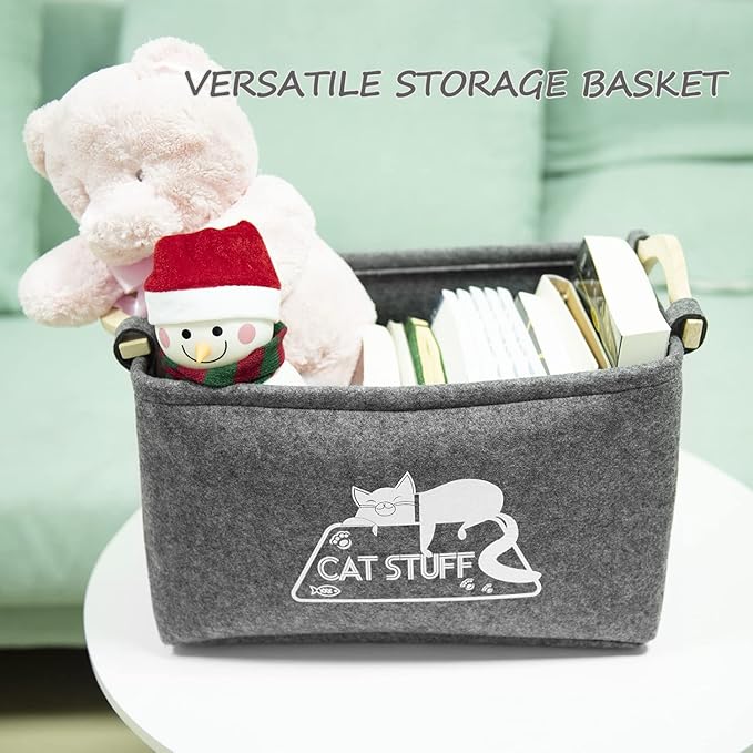 Cat Toy Box, Cat Toy Storage Basket with Handles, Felt Pet Toy Basket Pet Supplies Storage Bin, Perfect for Organizing Cat Toys and Accessories - PAWPICO
