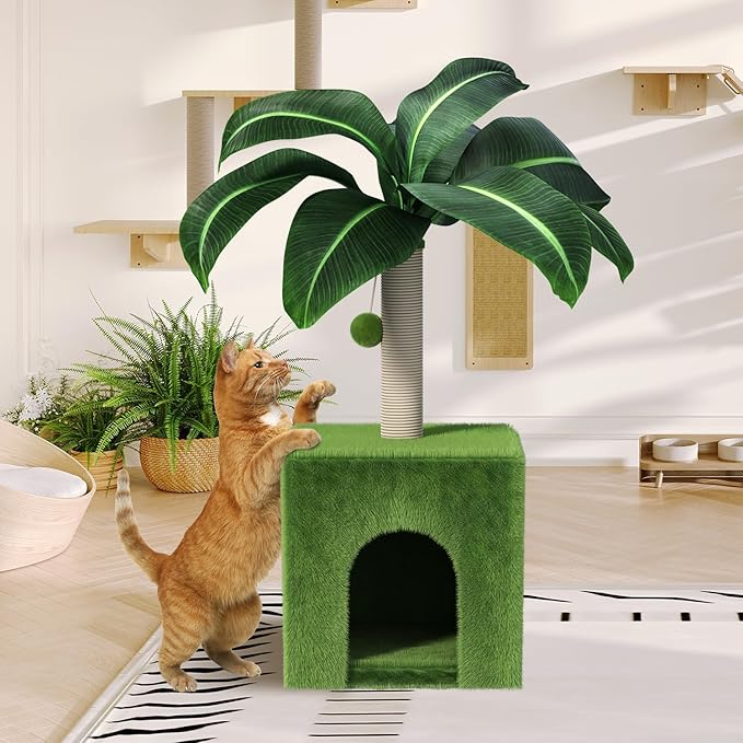 Cat Scratching Post with Condo, Palm Cat Tree Tower Natural Sisal Cat Scratcher Cat Bed Cat Furniture for Kittens and Cats - PAWPICO