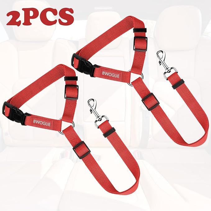 BWOGUE 2 Packs Dog Cat Safety Seat Belt Strap Car Headrest Restraint Adjustable Nylon Fabric Dog Restraints Vehicle Seatbelts Harness Red BWOGUEPetHome