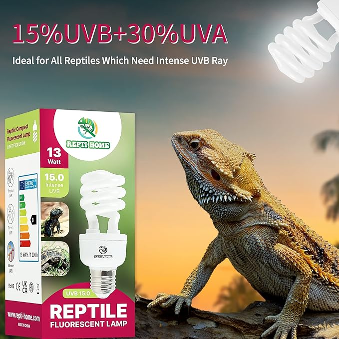 UVB Reptile Light 15.0, 13W Intense UVA UVB Bulb for Reptiles, Terrarium Compact Fluorescent Lamp, Reptile UVB Light Bulb for Desert Reptiles & Amphibians REPTIHOME