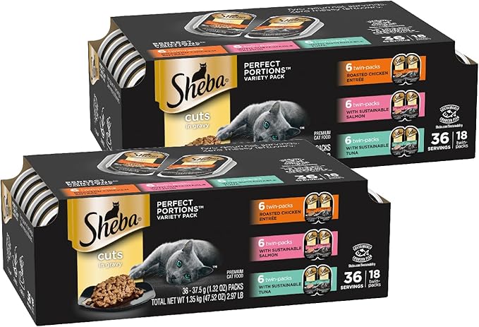 Sheba Perfect Portions Wet Cat Food Cuts in Gravy Variety Pack, Roasted Chicken, With Sustainable Salmon, and With Sustainable Salmon, 2.6 oz., Twin-Pack Trays (18 Count, 36 Servings) (Pack of 2) - PAWPICO