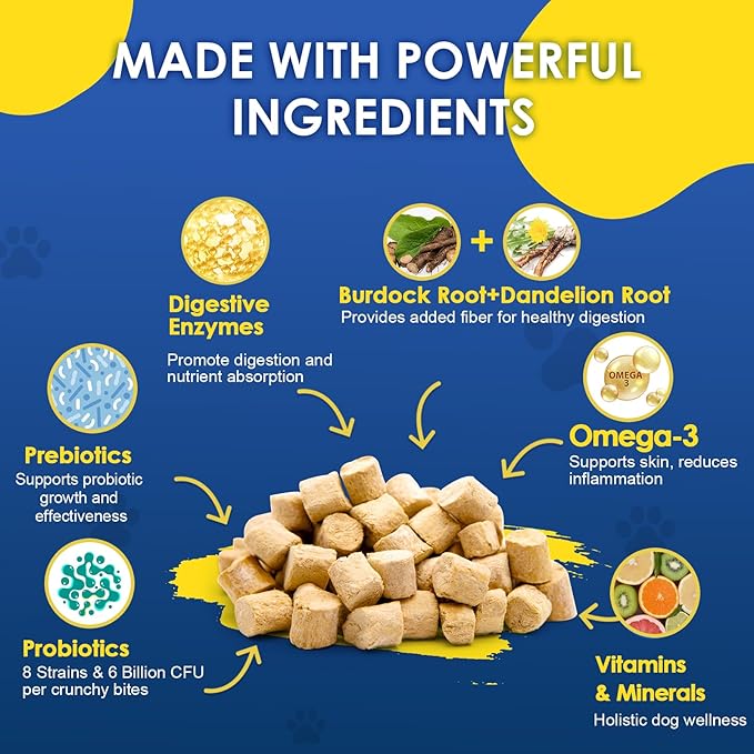 Probiotics for Dogs - Dog Probiotics for Digestive Health, Prebiotics, Enzymes, Fiber, and Omega-3 with Vitamins to Promote Intestinal Health, Support Immunity, Allergies & Itchy Skin, 120 Bites PAWPICO