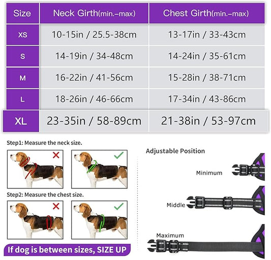 Timos Dog Harness Large Sized, No Pull Dog Harness with Neck Lockable Snap,No Choke Front Clip Dog Reflective Harness,Adjustable Metal Rings 3 Buckles,Easy Control Handle for Large Dogs Purple XL Timos