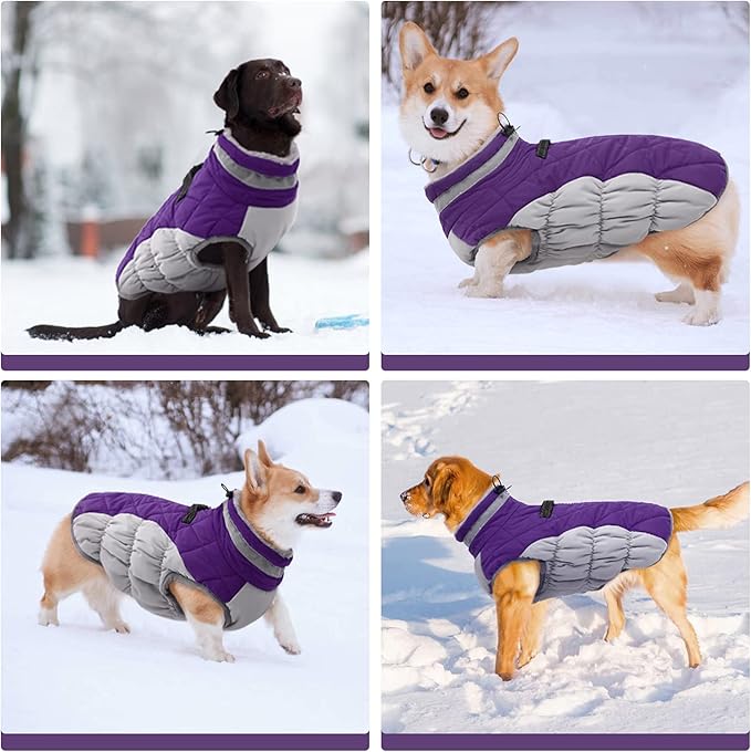 FUAMEY Dog Coat,Warm Dog Jacket Winter Coat Paded Dog Fleece Vest Reflective Dog Cold Weather Coats with Built in Harness Waterproof Windproof Dog Snow Jacket Clothes with Zipper Purple X-Large - PAWPICO
