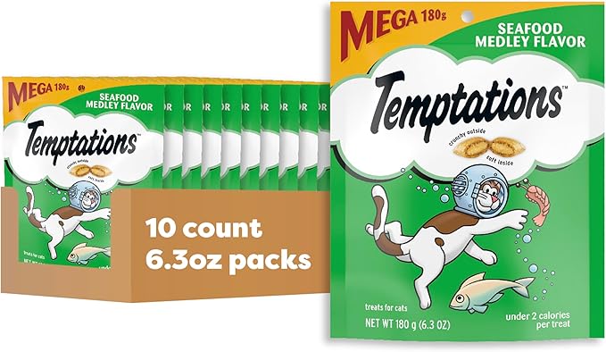Temptations Classic Crunchy and Soft Cat Treats Seafood Medley Flavor, 6.3 oz. Pouch (Pack of 10) Temptations
