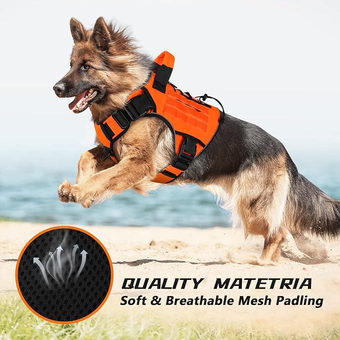 WINGOIN Orange Tactical Dog Harness Vest for Large Dogs No Pull Adjustable Reflective Military Pet Harness with Handle for Golden Retriever, Doberman Pinscher, Rottweiler, Great Dane Service Dog (XL) WINGOIN