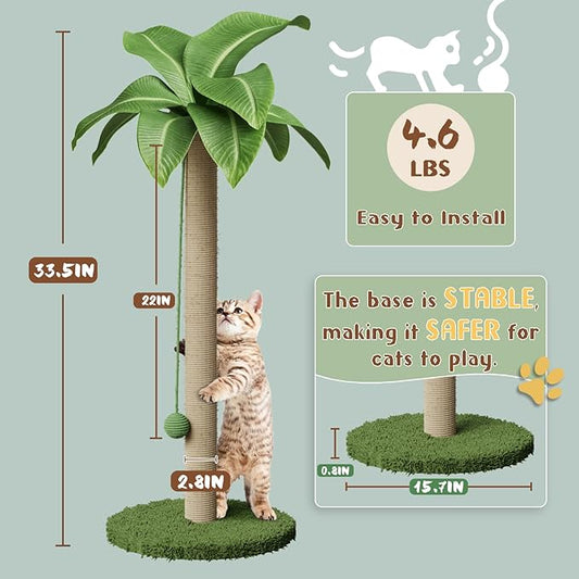 Cat Scratching Post for Indoor Cats and Kitten, 33.5" H Sisal Rope Scratching Posts with Simulated Leaves, Kitten Scratcher with Soft Platform and Hanging Ball - 1 Cat Teasing Stick - PAWPICO