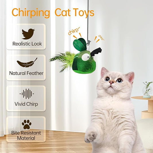 Chirping Cat Toys Hanging Cat Feather Toy - Catnip Interactive Cat Toys for Indoor Cats - Automatic Cat Toy for Cat Exercise & Kicker to Self Play (Bee) - PAWPICO