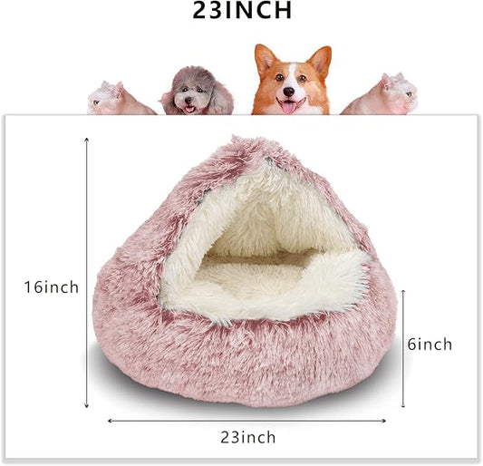ShinHye Cat Bed Round Plush Fluffy Hooded Cat Bed Cave, Cozy for Indoor Cats or Small Dog beds, Soothing Pet Beds Doughnut Calm Anti-nxiety Dog Bed - Waterproof Bottom Washable, (23×23inch, Pink) - PAWPICO