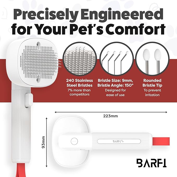 BARFI Pet Brush - Self-Cleaning Pet, Cat, Dog Shedding Brush - Multi-Functional Grooming Tool with Negative Ion Technology, Vibrating Massager, Wood's Lamp (White) - Free Pet Bowl - PAWPICO