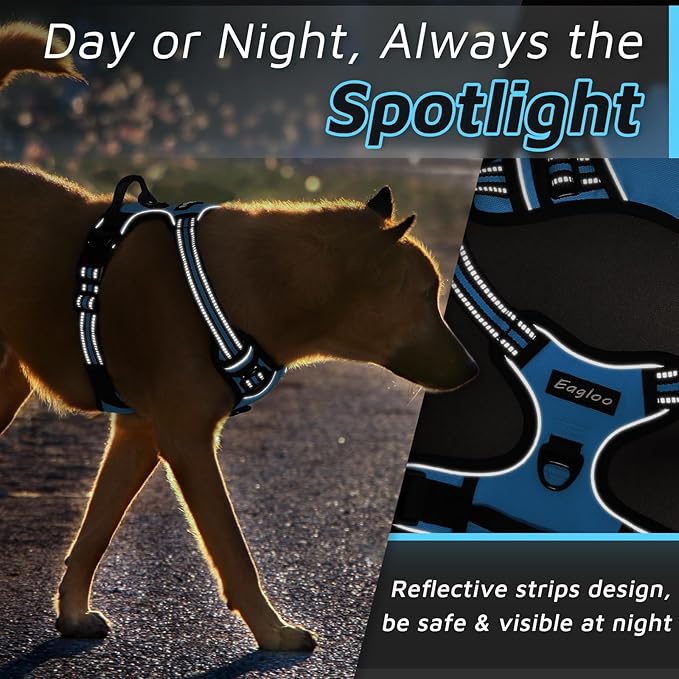 Eagloo Dog Harness for Large Dogs, No Pull Service Vest with Reflective Strips and Control Handle, Adjustable and Comfortable for Easy Walking, No Choke Pet Harness with 2 Metal Rings, Sky Blue, L GoExplorewithEagloo