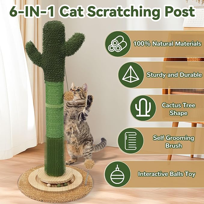 OTOB 36" Tall Cat Scratching Post, Natural Sisal Rope Cactus Scratcher Post, Vertical 6-in-1 Interactive Turntable Cat Scratch Post with Soft Ball Toys, Protect Your Furniture for All Indoor Cats - PAWPICO