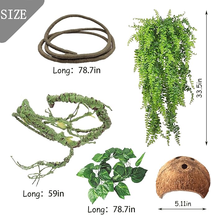 Tfwadmx Crested Gecko Tank Accessories 5Pcs Reptile Vines Plants Flexible Jungle Climbing Vine Gecko Coconut Coco Shell Hut Terrarium Plastic Plant Habitat Decor for Snake,Lizard,Hermit Crab Tfwadmx