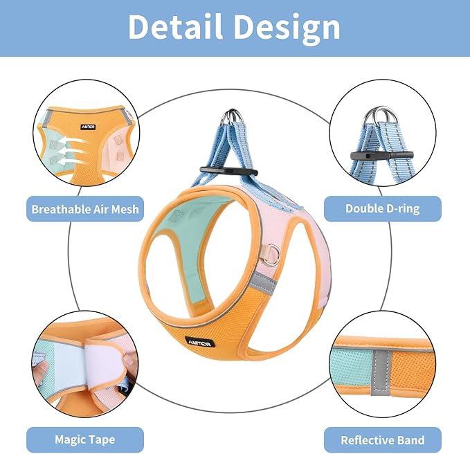 AMTOR Small Dog Harness with Leash Set, No Escape Easy Walk Puppy Harnesses for Training Walking, Step-in Reflective Soft Dogs Vest for XS S Medium Extra-Small Large Sized Dog(Orange) AMTOR