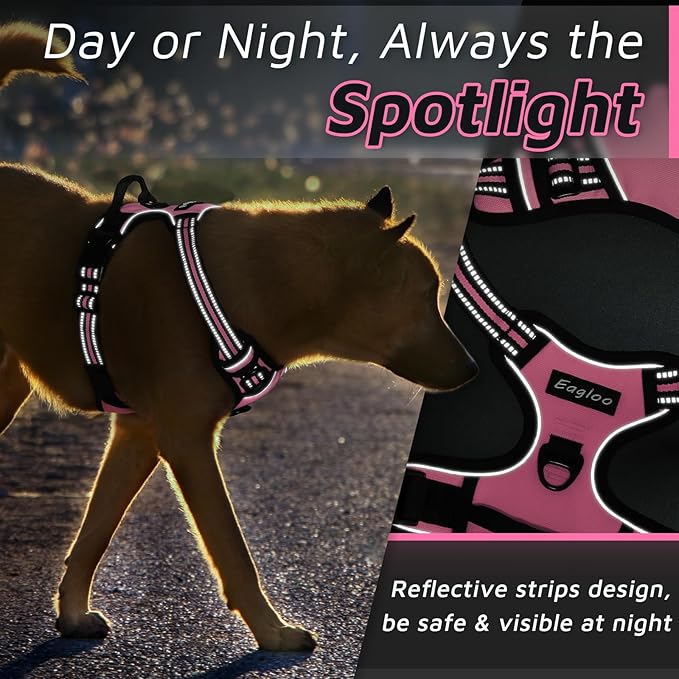 Eagloo Dog Harness Medium Sized Dog, No Pull Service Vest with Reflective Strips and Control Handle, Adjustable and Comfortable for Easy Walking, No Choke Pet Harness with 2 Metal Rings, Pink, M GoExplorewithEagloo