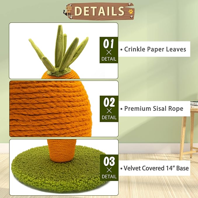 AUSCAT Cat Scratching Post, Cute Carrot Scratching Post, Nature Sisal Cat Scratcher for Indoor Cats and Kittens - PAWPICO