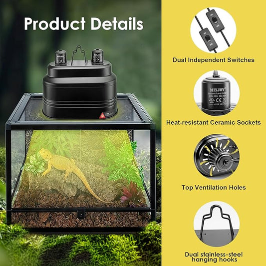 MIXJOY Dual Reptile Light Fixture, Max 160W Reptile Heat Lamp Fixture with Separate Switches, Fits Reptile Light/Heat Lamp/UVB Light for Lizards, Turtles, Snakes, and Amphibians MIXJOY
