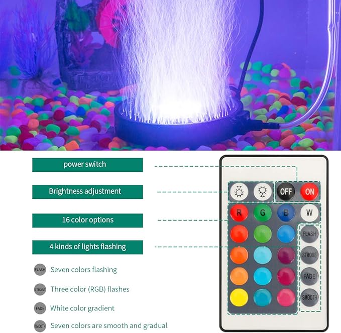 Number-one Aquarium Bubble Light LED Fish Tank Bubbler Light, Remote Controlled Aquariums Air Stone Disk Lamp with 16 Color Changing, 4 Lighting Effects for Fish Tanks and Fish Ponds PAWPICO