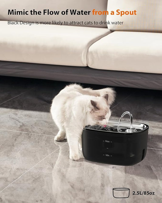 Stouchi Cat Water Fountain 85oz/2.5L, Stainless Steel Faucet Pet Water Fountain for Cats Inside with Led Light, Automatic Cat Water Dispenser Bowl, Cat Waterer Fountain for Multiple Pets, Black - PAWPICO