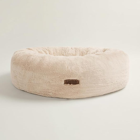 UnHide Floof Pet Bed - XL (40"x14") - Extra Soft Dog Bed - Removable Faux Fur Cover - Machine Washable - Helps Ease Pet Anxiety & Provides The Perfect Sleep, Beige - PAWPICO
