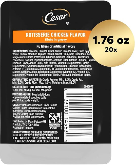 Cesar Filets in Gravy Wet Dog Food Rotisserie Chicken Flavor, 1.76 oz. Mini-Pouch, 20 Pack - PAWPICO