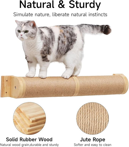 FUKUMARU Cat Scratching Post, 35 x 4.5 Inch Cat Wall Furniture, Rubber Wood Wall Mounted Cat Scratcher Posts for Large Cats, Thicker Columns for Multi-Functions - PAWPICO