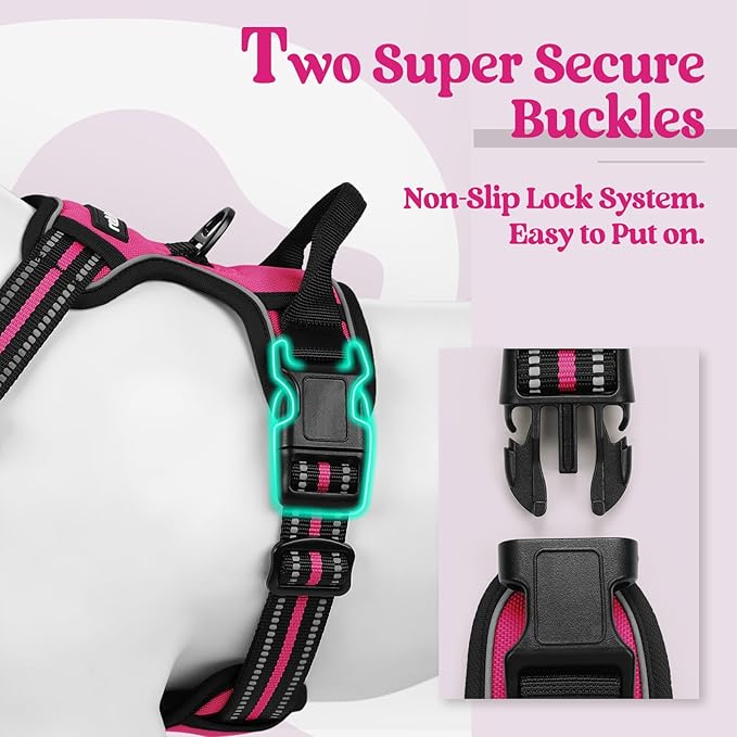 rabbitgoo Dog Harness No Pull with 2 Leash Clips, Adjustable Soft Padded, Reflective Oxford No Choke Pet Vest with Easy Control Handle for Large Dogs, Hot Pink, XL rabbitgoo