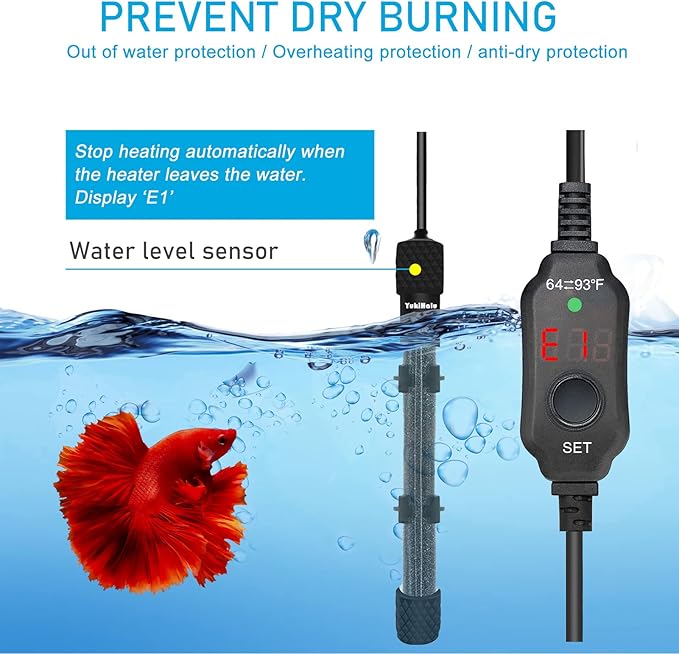 YukiHalu Small Submersible Aquarium Heater, Adjustable Mini Fish Tank Heater 25W 50W 100W 200W 300W with External Temperature Controller, LED Display, Used for 5/10/20/40/60 Gallons (100 Watts) YukiHalu
