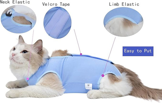 Cat Recovery Suit Female Kitten Cat Onesie for Cats After Surgery Female Spay Surgical Abdominal Wound Skin Diseases Cone Collar Soft Alternative Wear (Blue, M) Acoutpet