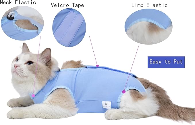 Cat Recovery Suit Female Kitten Cat Onesie for Cats After Surgery Female Spay Surgical Abdominal Wound Skin Diseases Cone Collar Soft Alternative Wear (Blue, L) Acoutpet