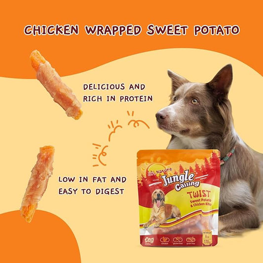 Jungle Calling Dog Treats, Skinless Chicken Wrapped Sweet Potato, Gluten and Grain Free, Chewy Dog Bites for Balanced Nutrition, 6 oz - PAWPICO