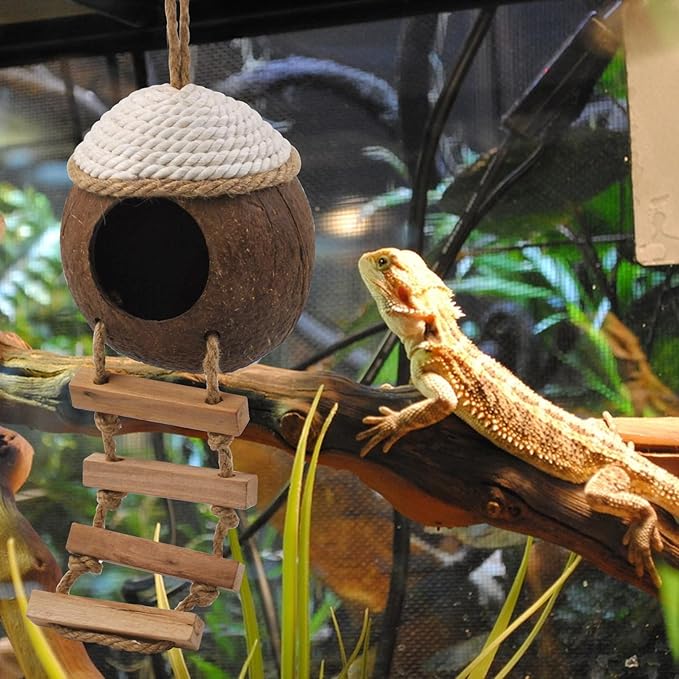 Leopard Gecko Coconut Hut with Ladder,Grested Gecko Coco Den Lizards Hanging Coconut Shell Hideout Cave Reptiles Tank Accessories Climbing Hanging Plants Jungle Vine Flexible Leaves Decor MUYG