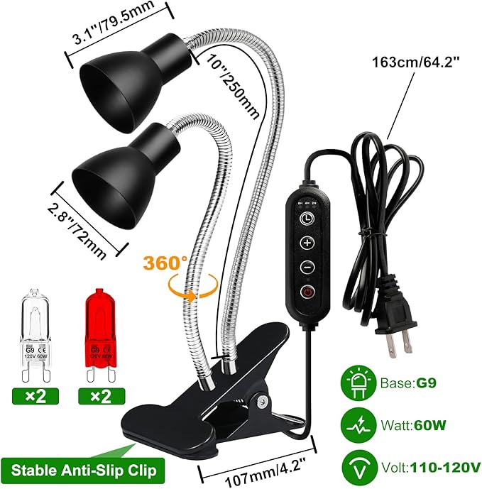 Heat Lamp for Reptile,UVA UVB Light for Turtle,Bearded Dragon Basking Light Bulbs,Dimmable 360°Gooseneck UV Heating Lamp W/ G9 Mini Halogen Bulbs 60W (White*2,Red*2) for Tortoise/Snake/Lizard JaenmsaHalogenLighting