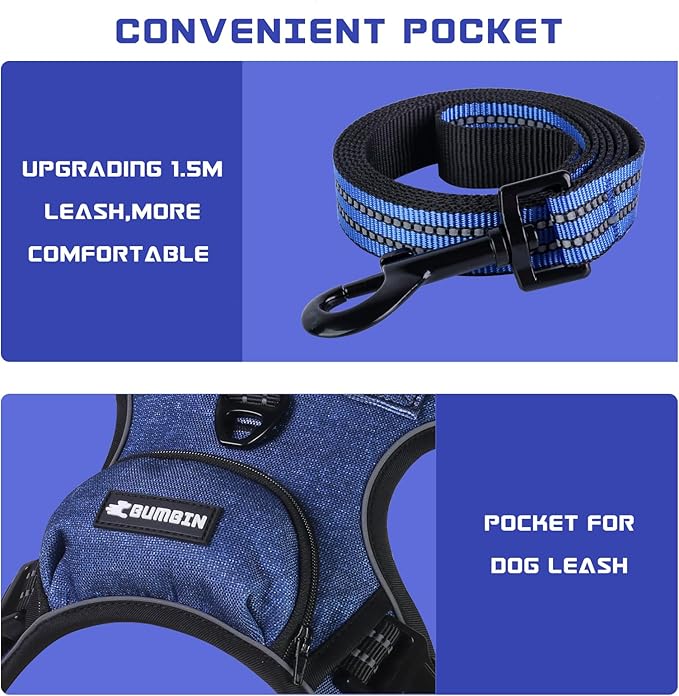 BUMBIN Dog Harness for Large Dogs, No Pull Adjustable No Choke Pet Vest with Dog Leash Fit Smart Reflective Pet Walking Harness for Training Easy Control Soft Handle Denim Blue XL BUMBIN