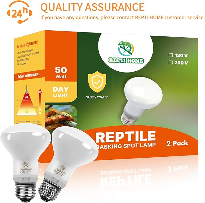 New Upgrade Reptile Heat Lamp Bulb (3rd Gen No Broken), 50W 2 Pack Basking Spot Light for Reptiles & Amphibians,UVA Daylight Heat Bulb for Bearded Dragon, Turtle REPTIHOME