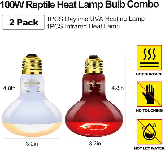 REPTI ZOO 100W Reptile Heat Lamp Bulbs Combo, Upgraded 2 Pack Day & Night Basking Spot Light, UVA Daylight Heating Lamp & Infrared Heat Lamp for Reptiles & Amphibians REPTIZOO