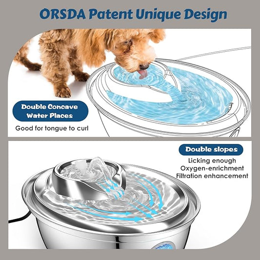 ORSDA Stainless Steel Cat Water Fountain, 100oz/3L Automatic Pet Drinking Fountain, Dog Water Dispenser Bowl with LED Window for Cats and Small & Medium Dogs- 12Pcs Filters( D66 - PAWPICO