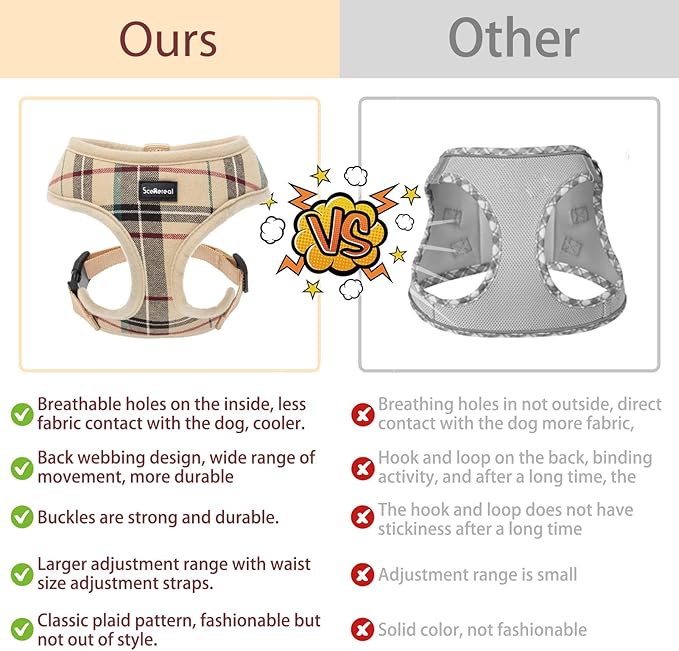 SCENEREAL Puppy Dog Harness with Leash Set for Small Medium Sized Dogs, Soft Mesh Step in Pet Harnesses and Leash, No Chock Plaid Adjustible No Pull Vest for Dogs Cats, Chihuahua,Bulldog (Beige S) SCENEREAL