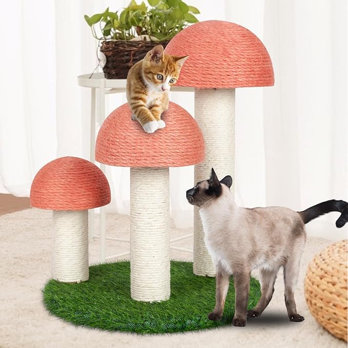 PowerKing Cat Scratching Post, Mushroom Claw Scratching Post for Cat, Natural Sisal Cat Scratchers with 3 Mushroom Pole, Cat Interactive Toys - PAWPICO