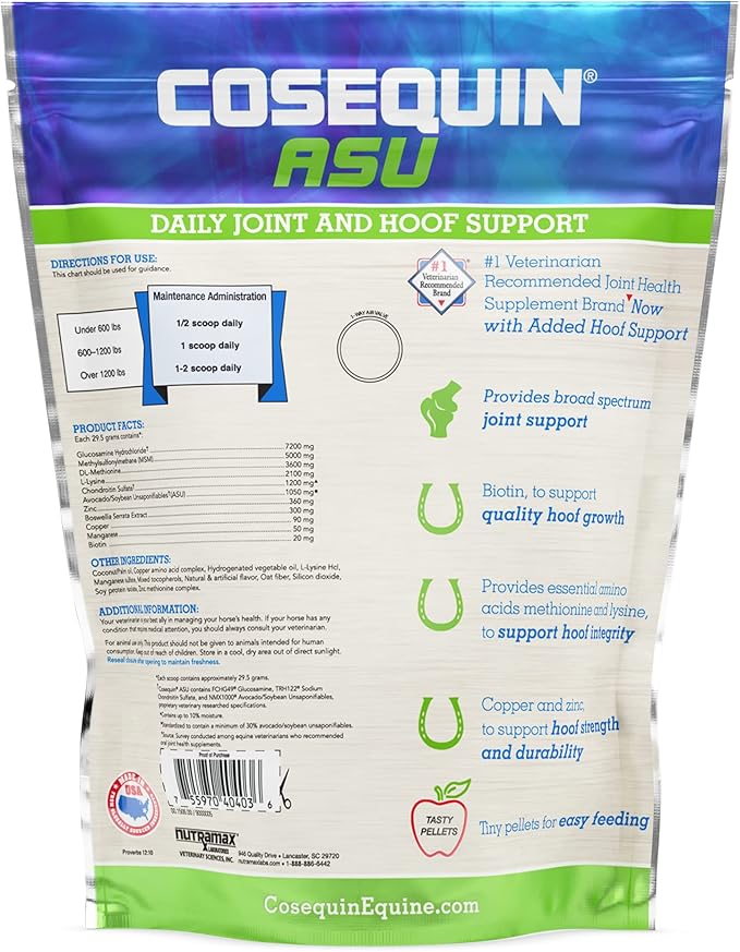 Nutramax Laboratories Cosequin ASU Joint & Hoof Pellets Joint Health Supplement for Horses - Pellets with Glucosamine, Chondroitin, MSM, and Biotin, 1200 Grams NutramaxLaboratories