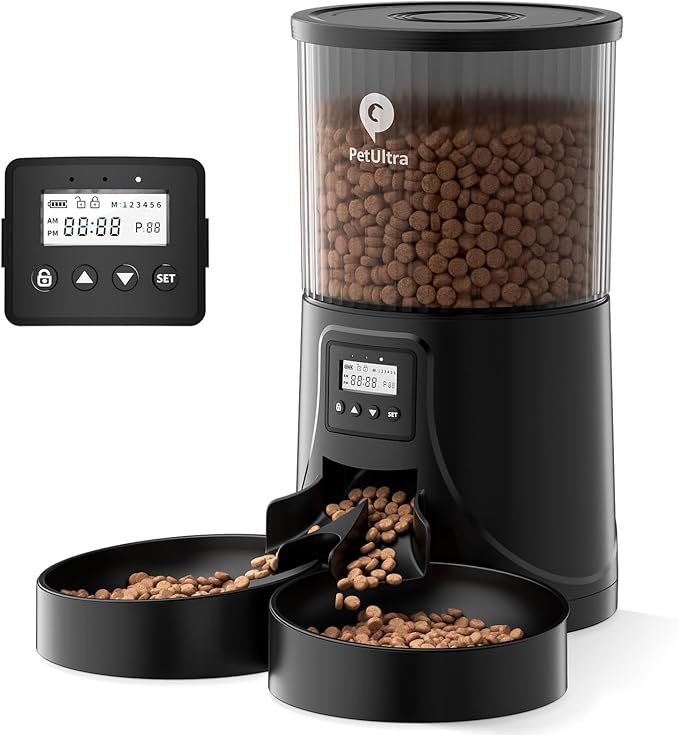 Dual Automatic Cat Feeder: Cat Feeder Automatic for 2 Cats- Timed Auto Feeder 16 Cups/4L Cat Food Dispenser& Dual Power Auto Pet Feeder for Indoor Cat&Dog| 1-6 Meals Portions Control, Black - PAWPICO
