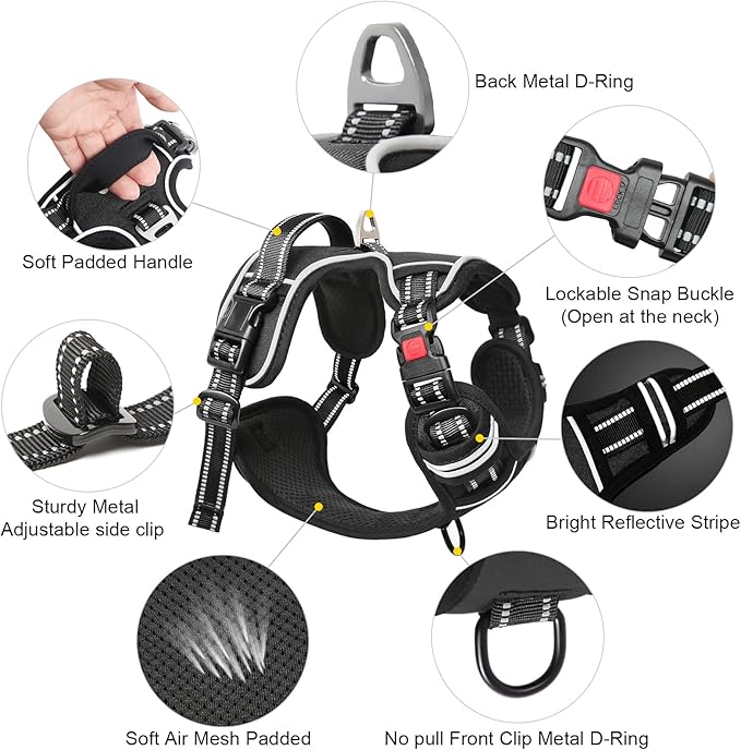 Timos Dog Harness, No-Pull Pet Harness with 2 Leash Clips, Adjustable Soft Padded Dog Vest, Reflective Outdoor Pet Oxford Vest with Easy Control Handle Black Timos