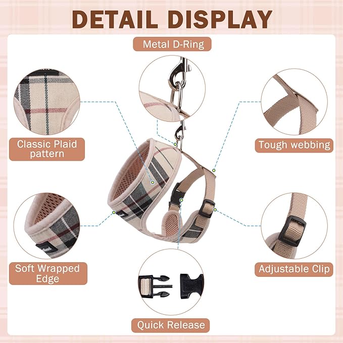 SCENEREAL No Pull Dog Harness Collar and Leash Set Small Medium Sized Dog, Soft Mesh Step in Puppy Harnesses, No Chock Plaid Adjustible Pet Vest for Outdoor Walking Training and Running, Beige S SCENEREAL