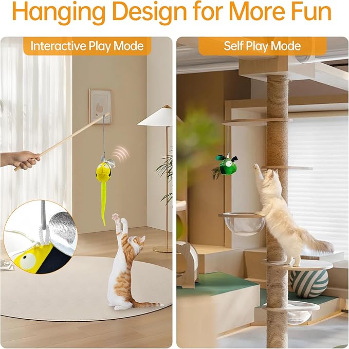 Chirping Cat Toys Hanging Cat Feather Toy - Catnip Interactive Cat Toys for Indoor Cats - Automatic Cat Toy for Cat Exercise & Kicker to Self Play (Bee) - PAWPICO