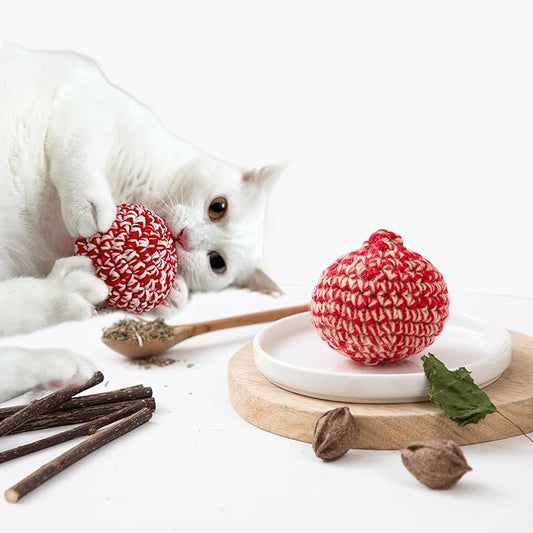 JAYU PET Red Cat Ball - Catnip Inside Cat Toy, Handmade Silvervine Ball Toys, Cat Toys for Indoor Cats, Interactive Matatabi Cat Ball Toy, Feline Kitten Toys, Cat Gifts (2.7 inch) - PAWPICO