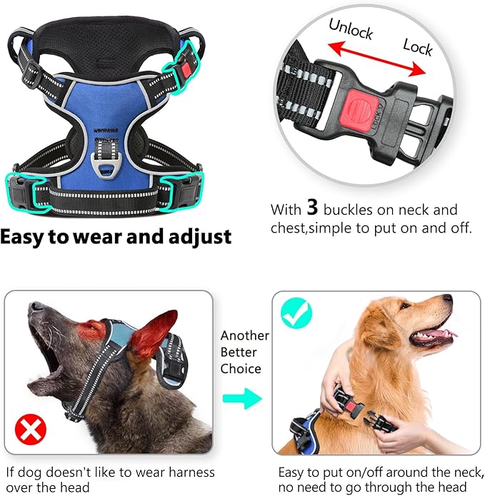 Timos Dog Harness, No Pull Dog Harness 3 Snap Buckles Adjustable Reflective No Choke Pet Vest for Small Dog with Soft Padded Control Training Handle for Outdoor Training,Blue, S Timos